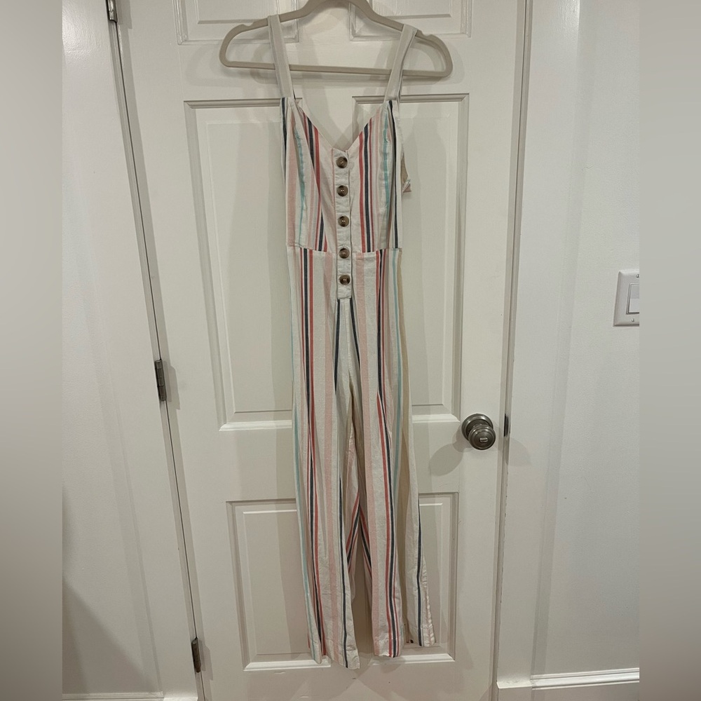Striped Button-Front Jumpsuit - Picture 2 of 7
